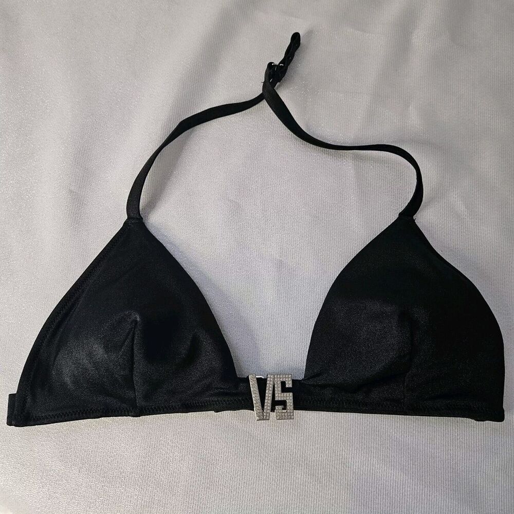 Victorias Secret Black Rhinestone VS Logo Swim Bikini Top Medium M Halter